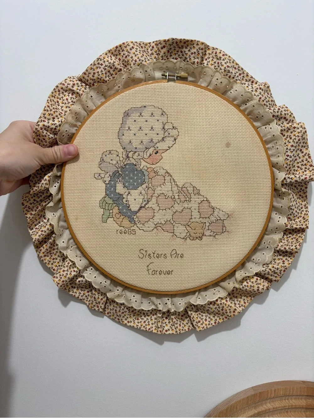 Handmade 'Sisters Are Forever' Cross-Stitch Wall Decor in Cream and Blue